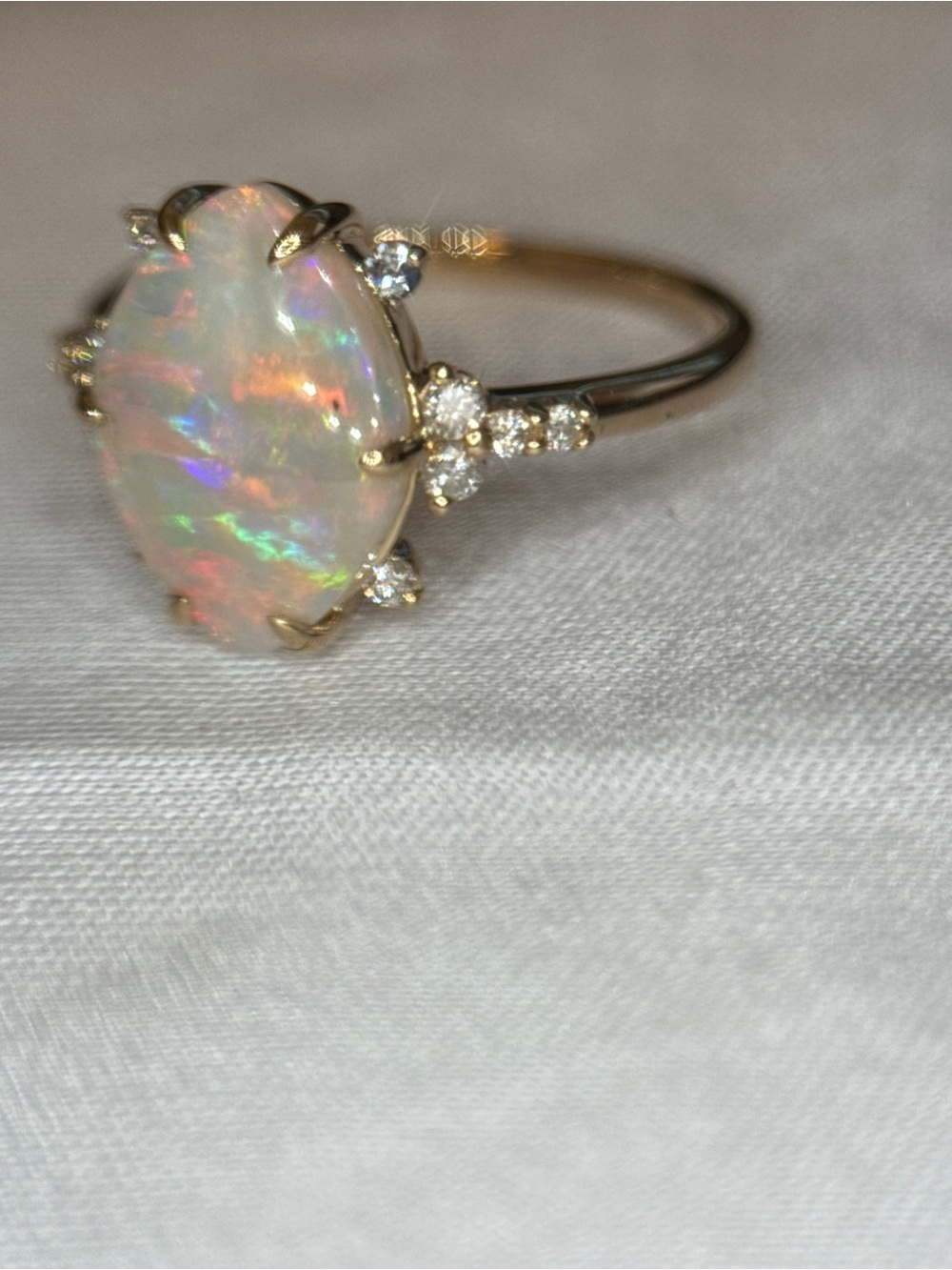 Australian Opal and Diamond Halo Ring in 14k Yellow Gold - Iridescent Opal - Picture 11 of 12